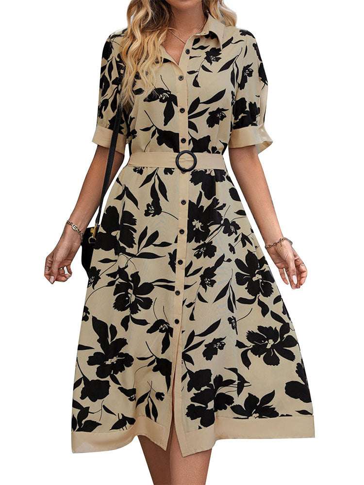Floral Print Midi Shirt Dress with Belted Waist