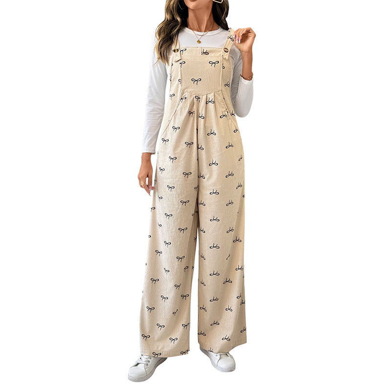 Wide-Leg Corduroy Overalls with Allover Bow Print