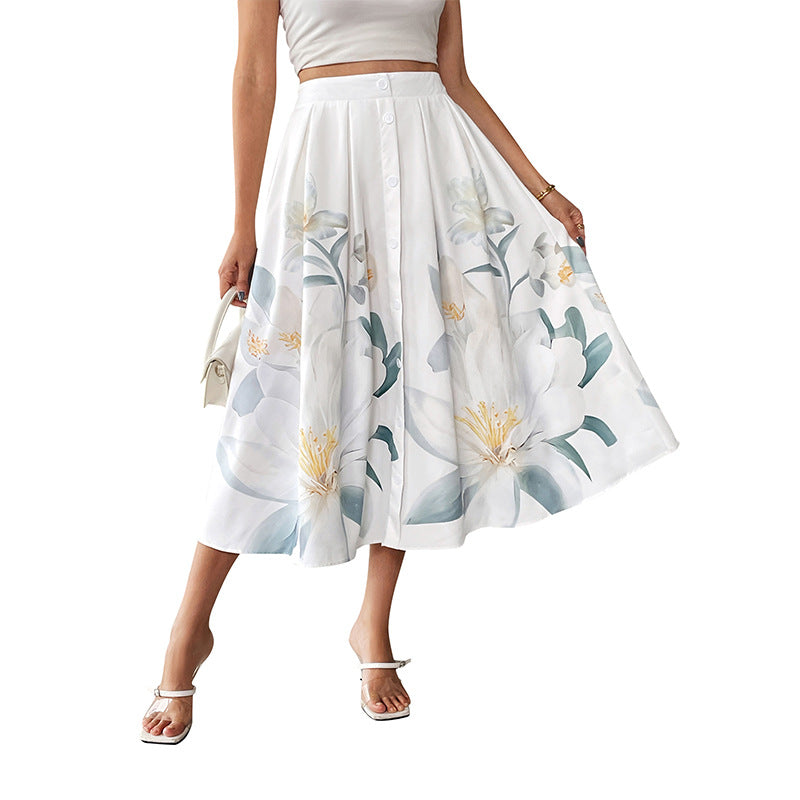 A-Line Floral Print Midi Skirt with Button Front