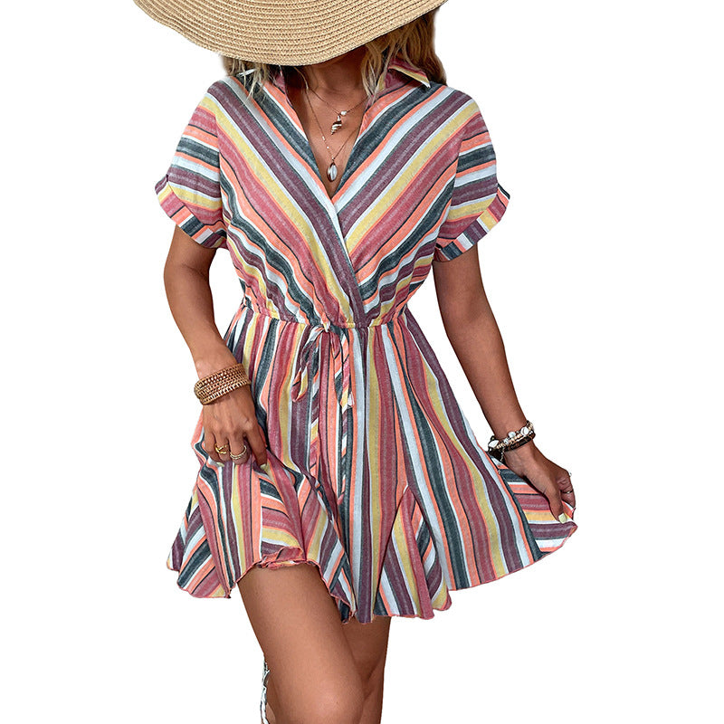 Striped Wrap Mini Dress with Shirt Collar and Tie-Waist
