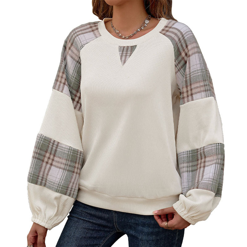 Loose Plaid Color-Blocked Sweatshirt with Ribbed Knit Body
