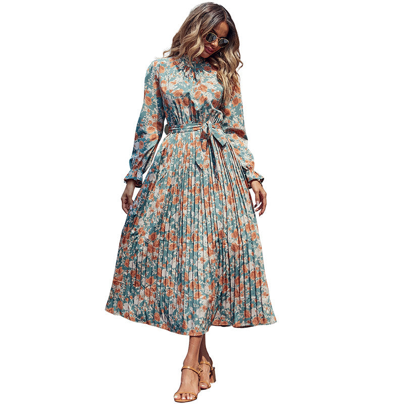 Floral Print Pleated Midi Dress with Mock Neck