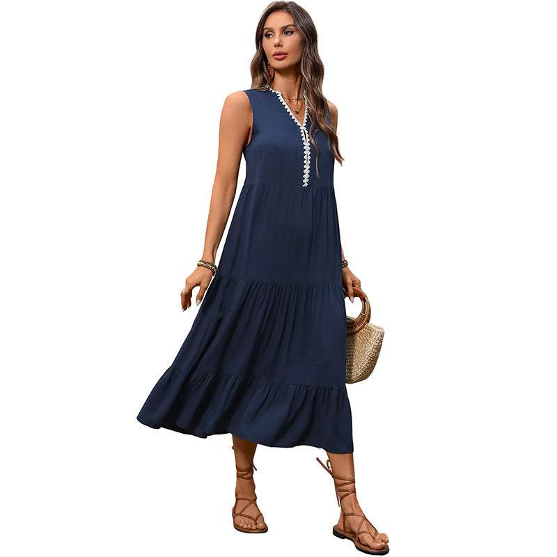Tiered Maxi Dress with V-Neck and Lace Trim