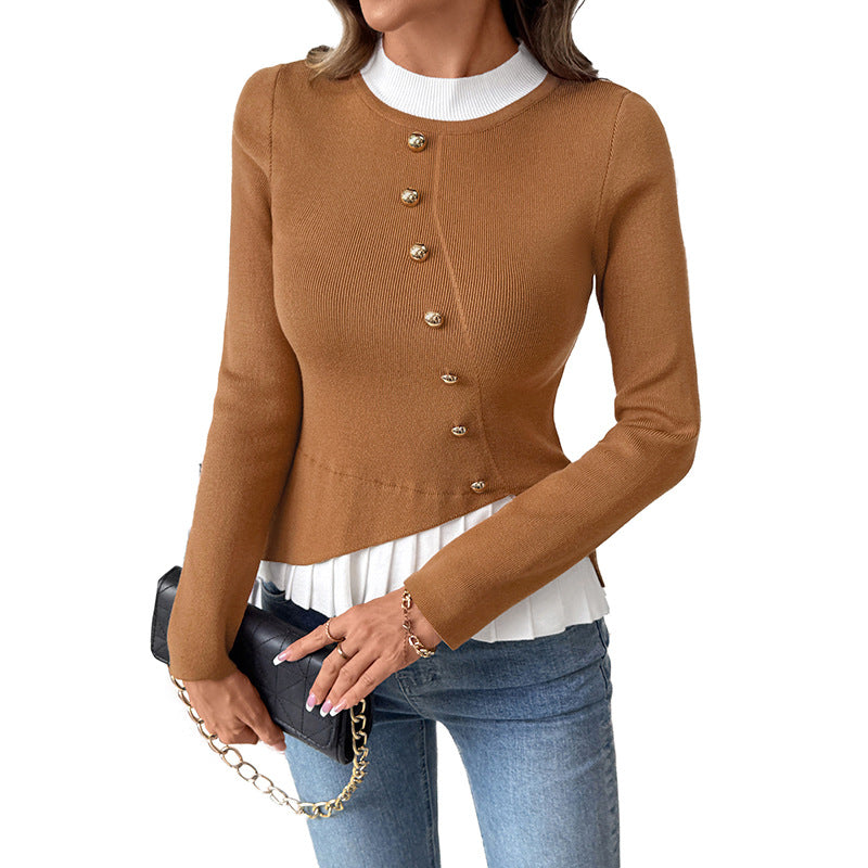 Faux Layered Pullover with Pleated Hem and Button Front