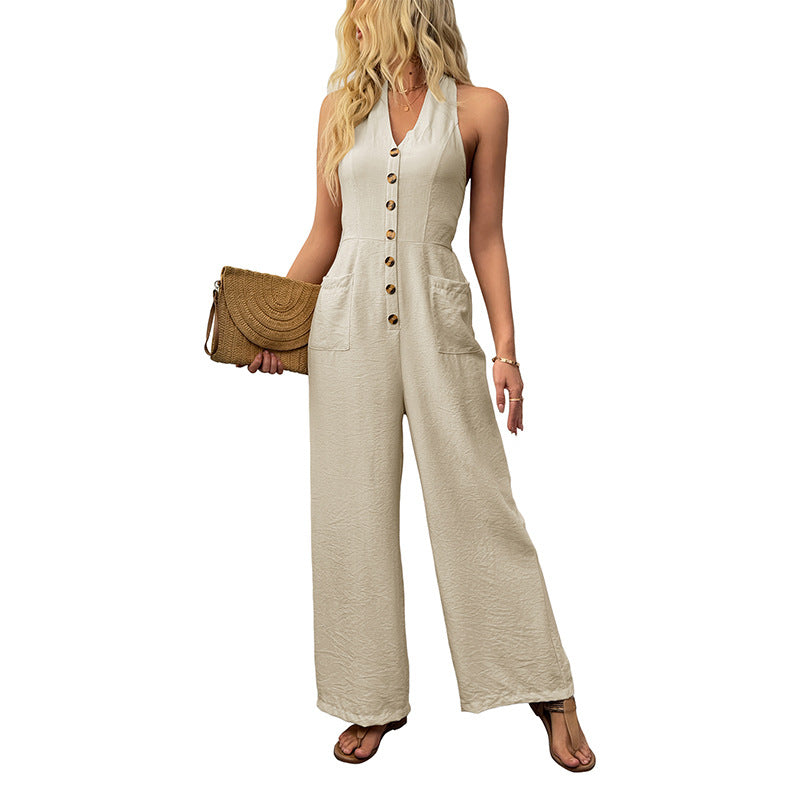 Wide-Leg Jumpsuit with Halter Neck and Button Front