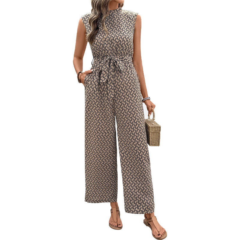 Geometric Print Wide-Leg Jumpsuit with Tie-Waist