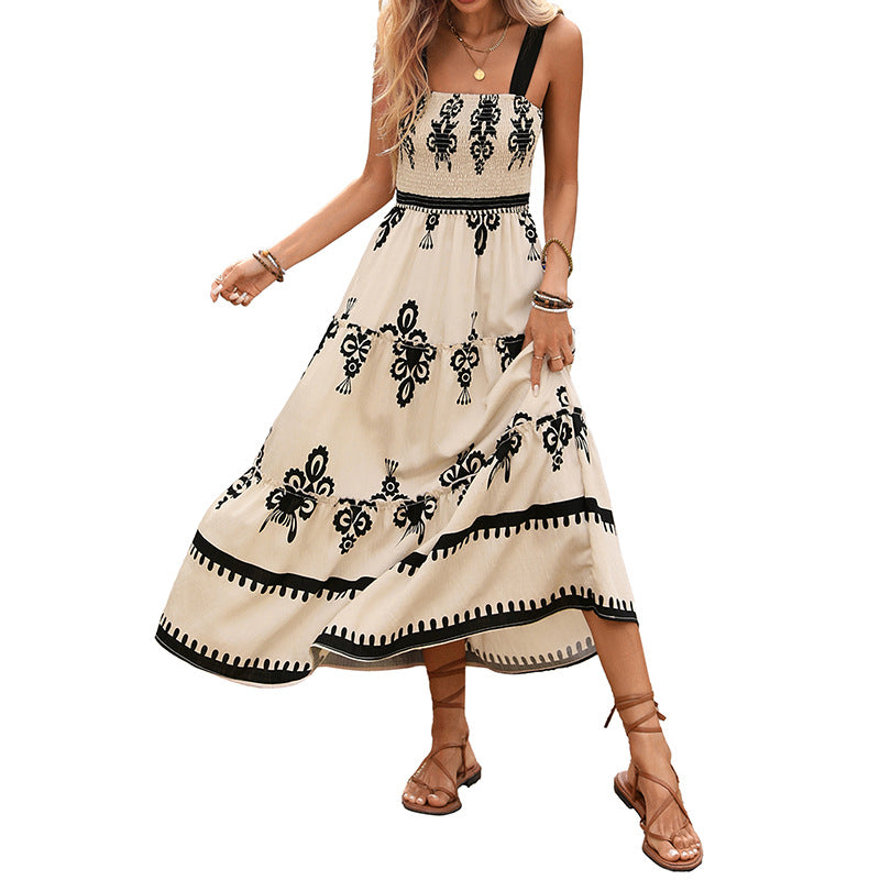 Geometric Print A-Line Suspender Midi Dress with High Waist