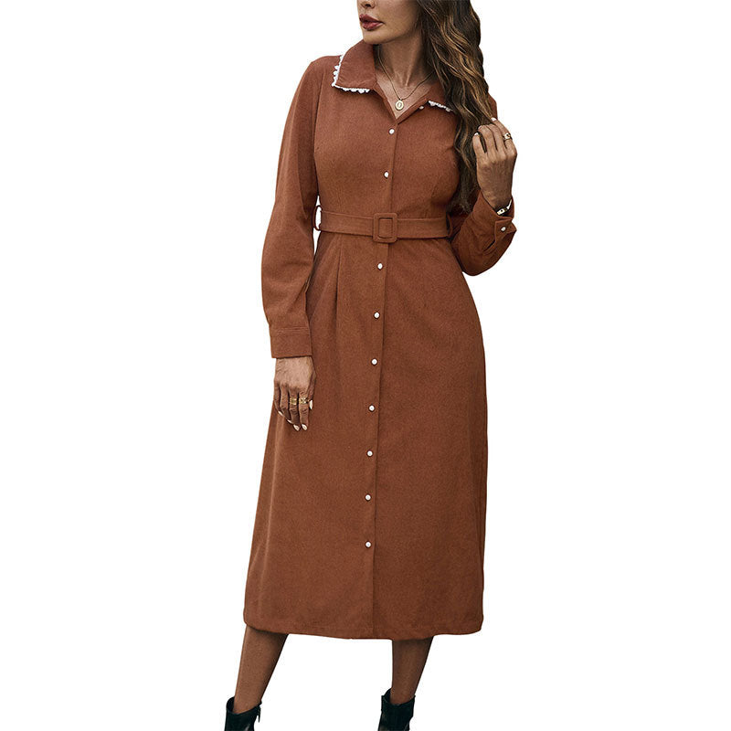 Solid Corduroy Shirt Dress with Lace-Trim Lapel Collar