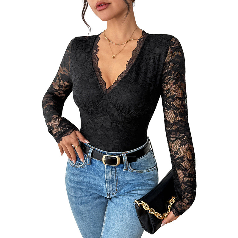 Long Sleeve Lace Bodysuit with V-Neck and Tie-Back