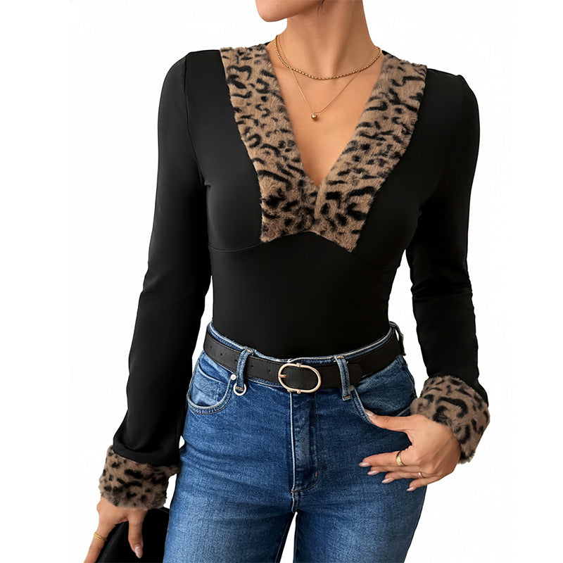 Bodycon Long-Sleeve Bodysuit with Leopard Print Trim