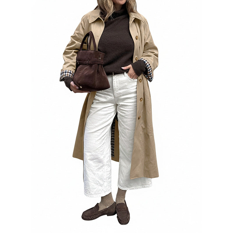 Extended Length Trench Coat with Plaid Lining