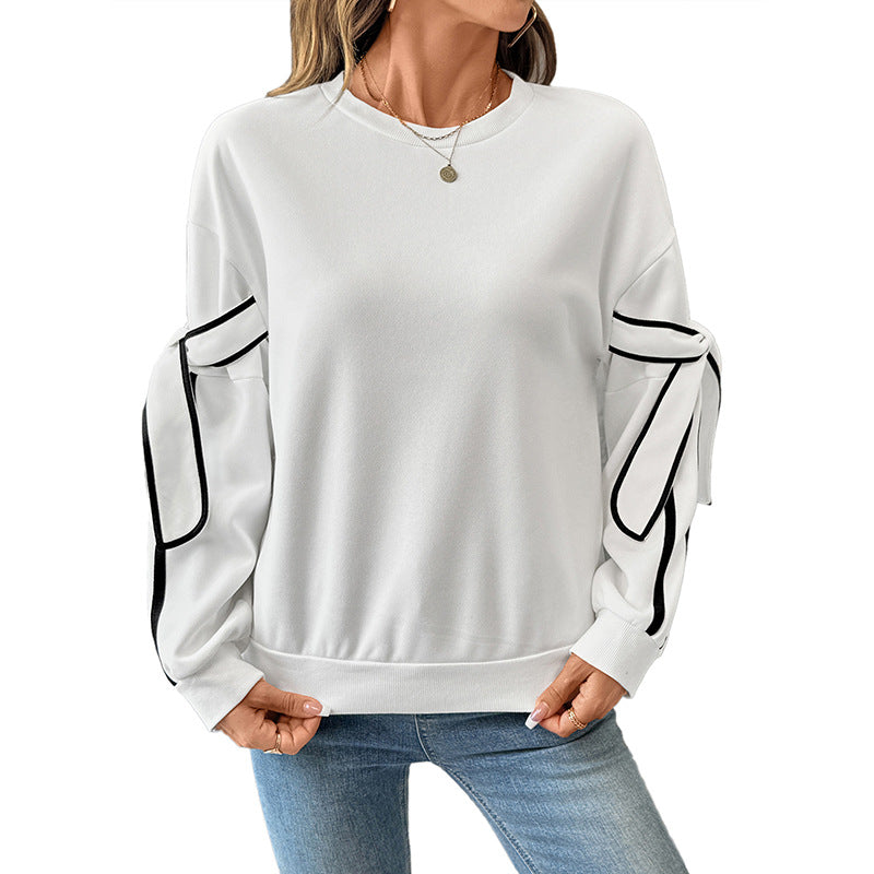 Bow Tie Sweatshirt with Contrast Stripe Sleeves