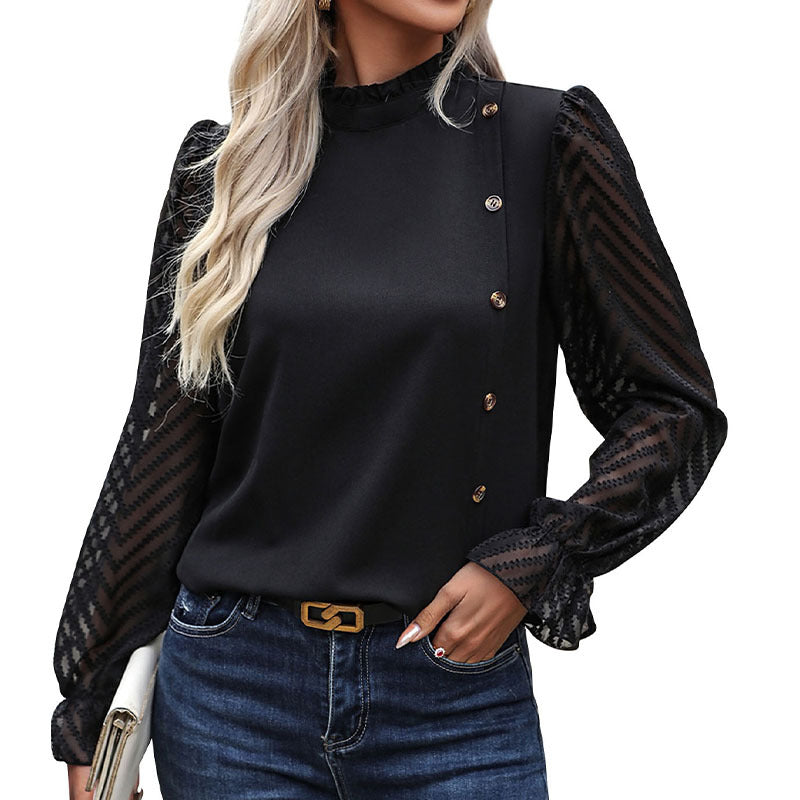 Solid Blouse with Sheer Chevron Puff Sleeves and Ruffled Mock Neck