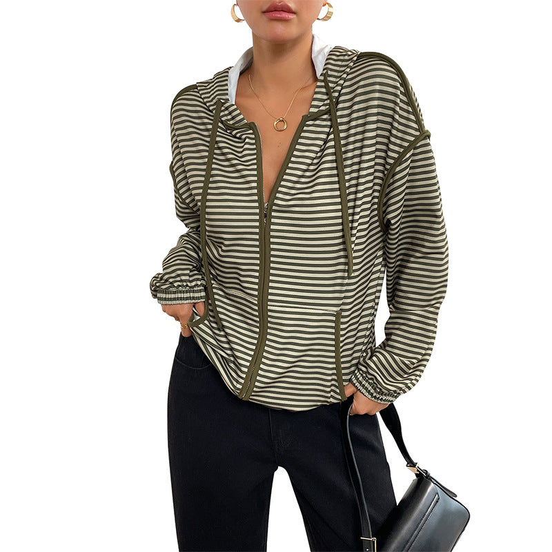 Striped Loose Fit Hooded Jacket with Zipper Front