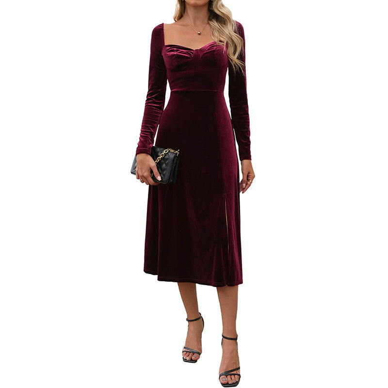 A-Line Velvet Midi Dress with Square Neck and Slit