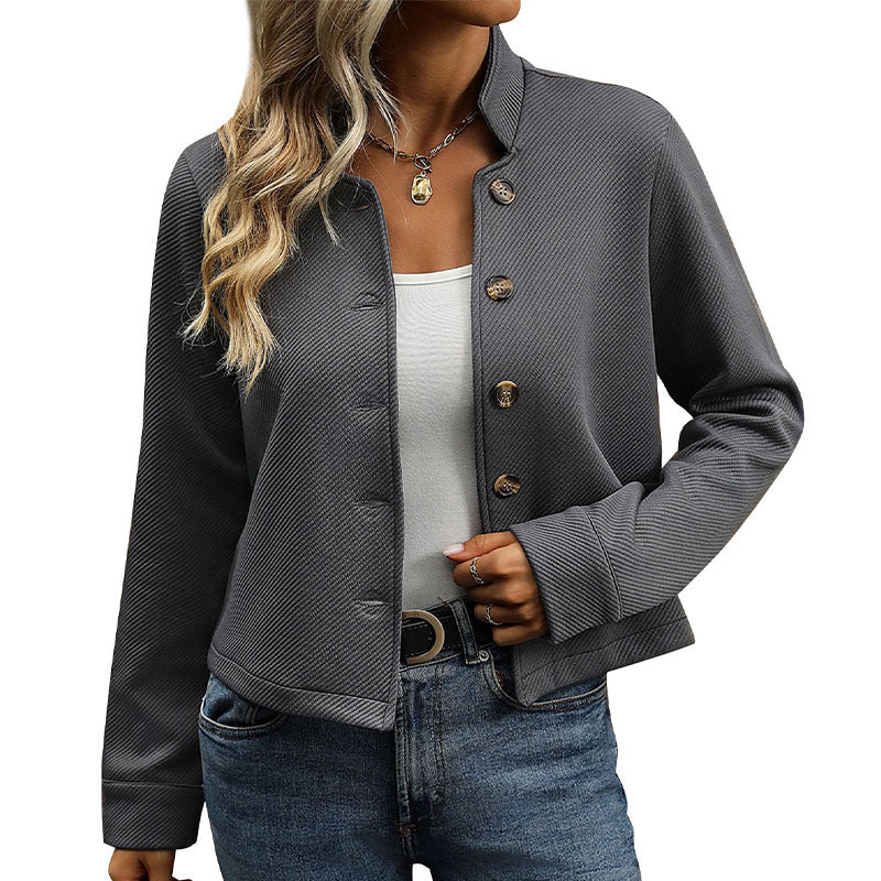 Textured Cropped Jacket with Stand Collar and Button Front