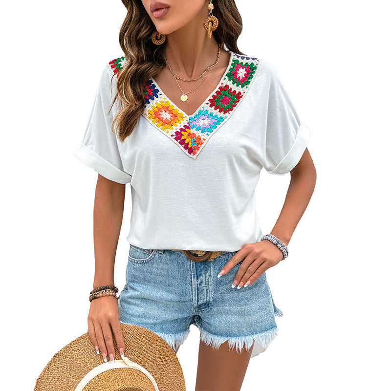 Crochet Patchwork V-Neck Top with Short Sleeves