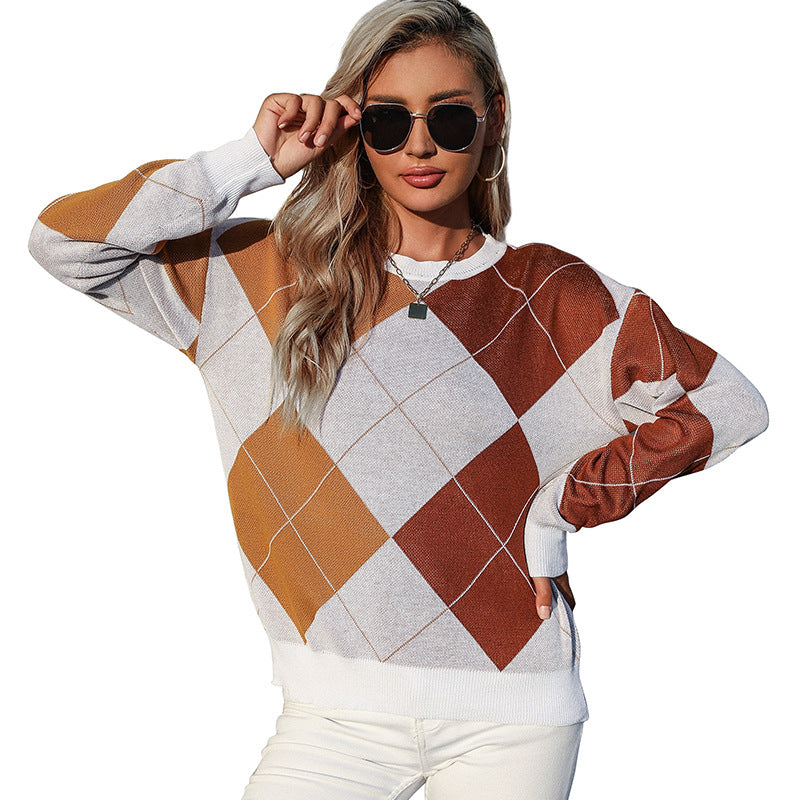 Argyle Color-Blocked Knit Pullover with Crewneck