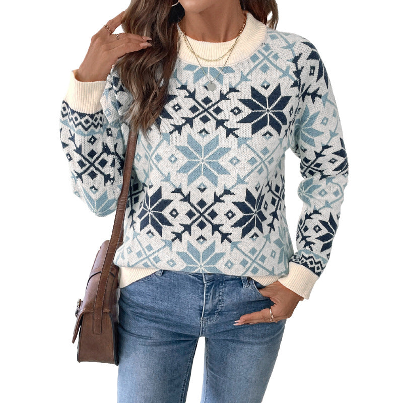 Nordic Snowflake Pullover Sweater with Round Neck