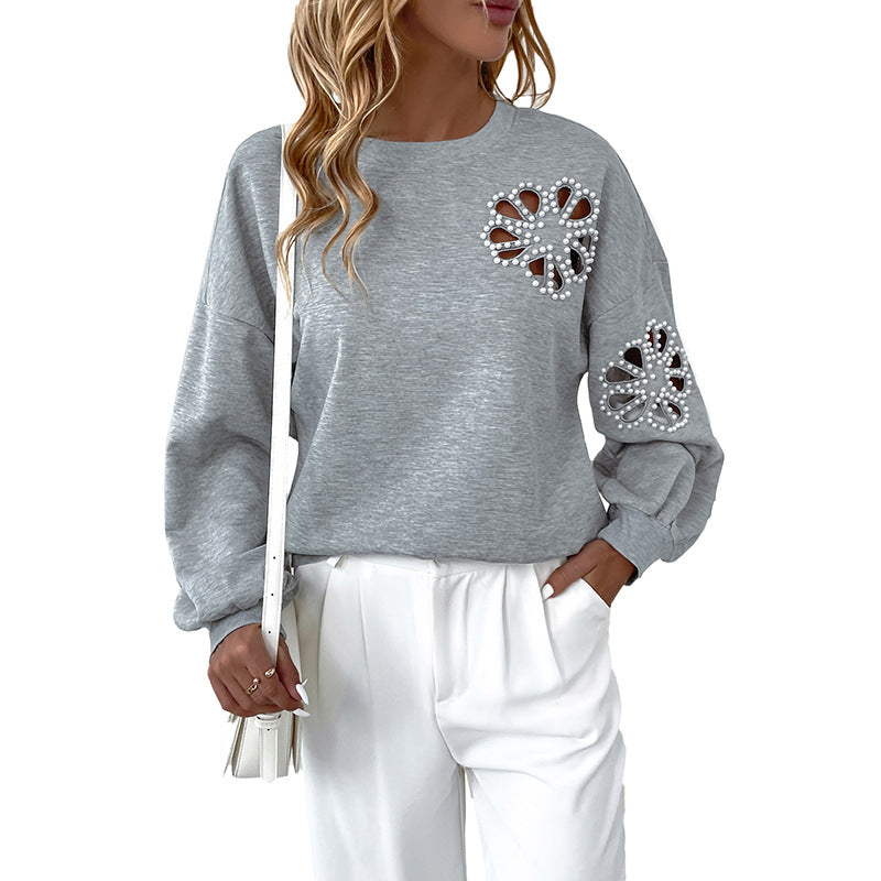 Loose Sweatshirt with Pearl Hollow Floral Pattern
