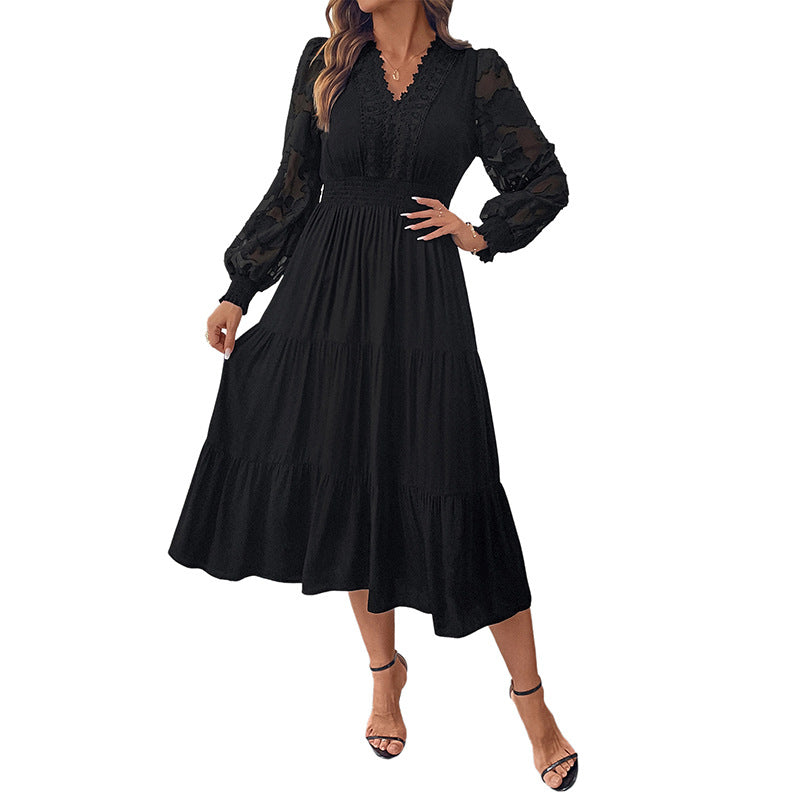 Solid Tiered Midi Dress with V-Neck and Lace Lantern Sleeves