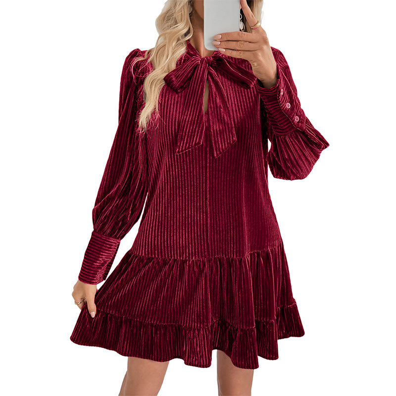 Ribbed Velvet Mini Dress with Bow Tie Collar and Ruffle Hem