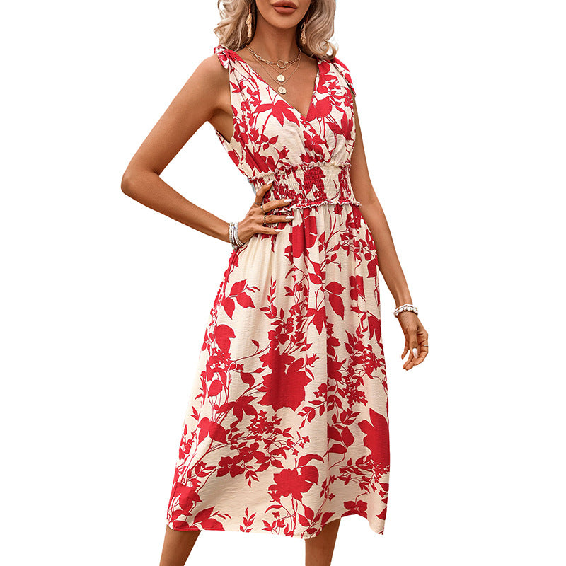 Red Floral A-Line Midi Dress with V-Neck and Ruched Waist