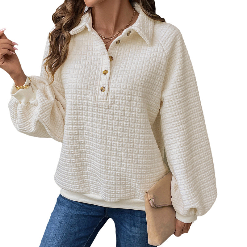 Waffle Knit Sweatshirt with Lapel Collar and Button Placket