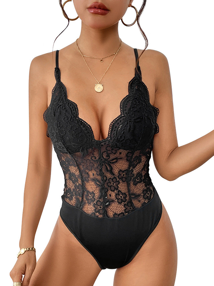 Lace Bodysuit with Deep V-Neck and Scalloped Trim