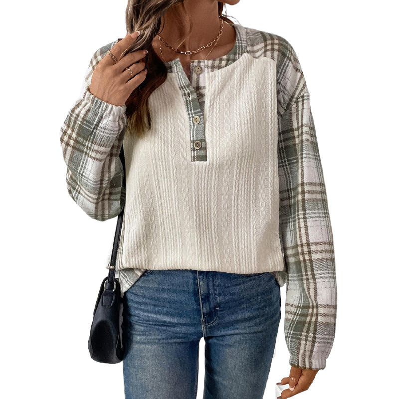 Textured Knit Top with Plaid Raglan Sleeves and Henley Placket