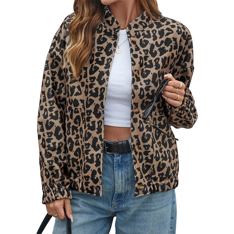 Leopard Print Bomber Jacket with Stand Collar