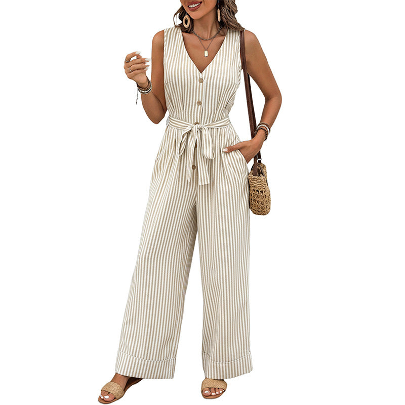 Striped Wide-Leg Jumpsuit with V-Neck and Tie-Waist