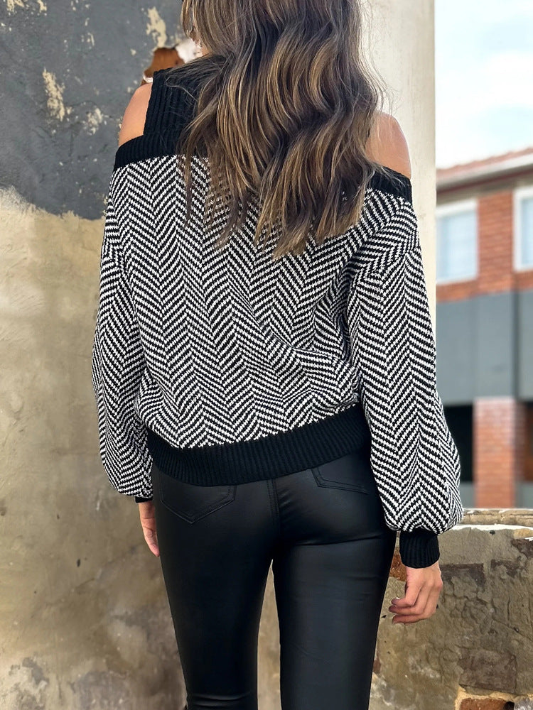 Herringbone Sweater with Cold Shoulder and Ribbed Turtleneck