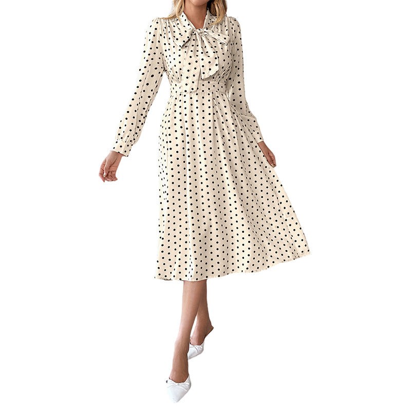 Polka Dot Midi Dress with Bow Tie Collar