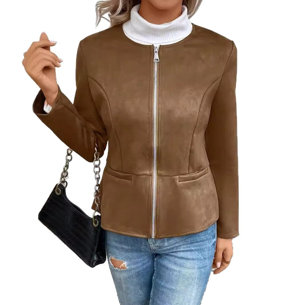 Slim-Fit Faux Suede Jacket with Round Neck and Zip Front