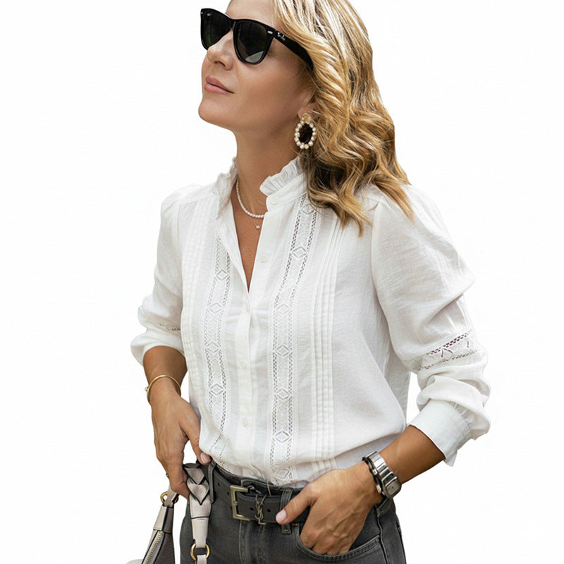 Solid White Blouse with Ruffled Stand Collar and Lace Splicing