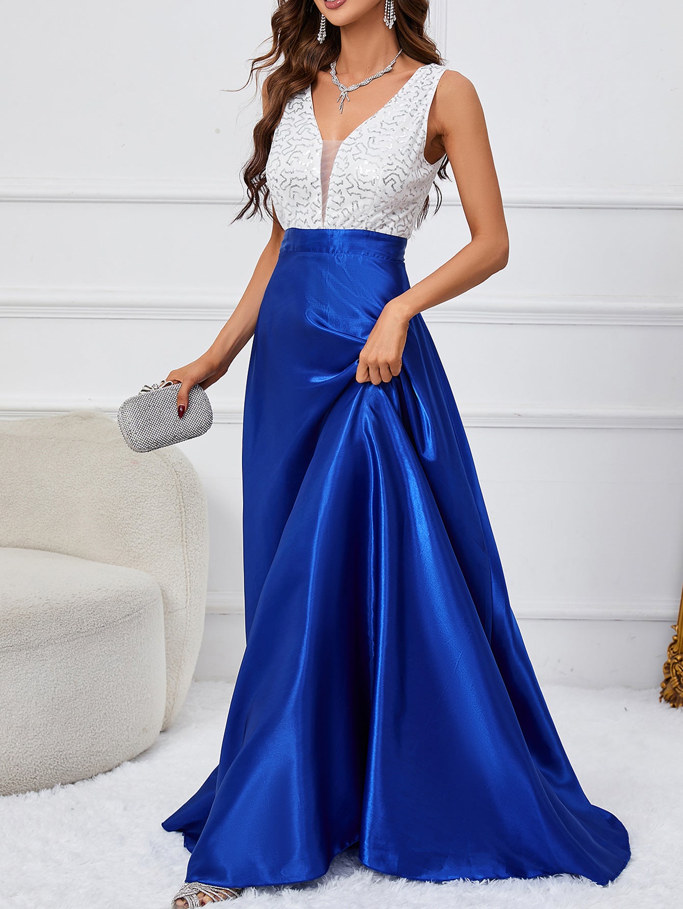 Sleeveless A-Line Gown with Sequin V-Neck Bodice