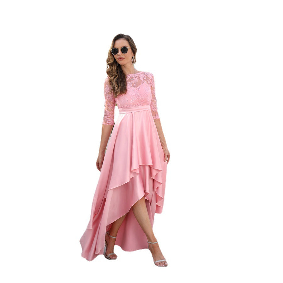High-Low Dress with Sequin Lace Bodice and 3/4 Sleeves