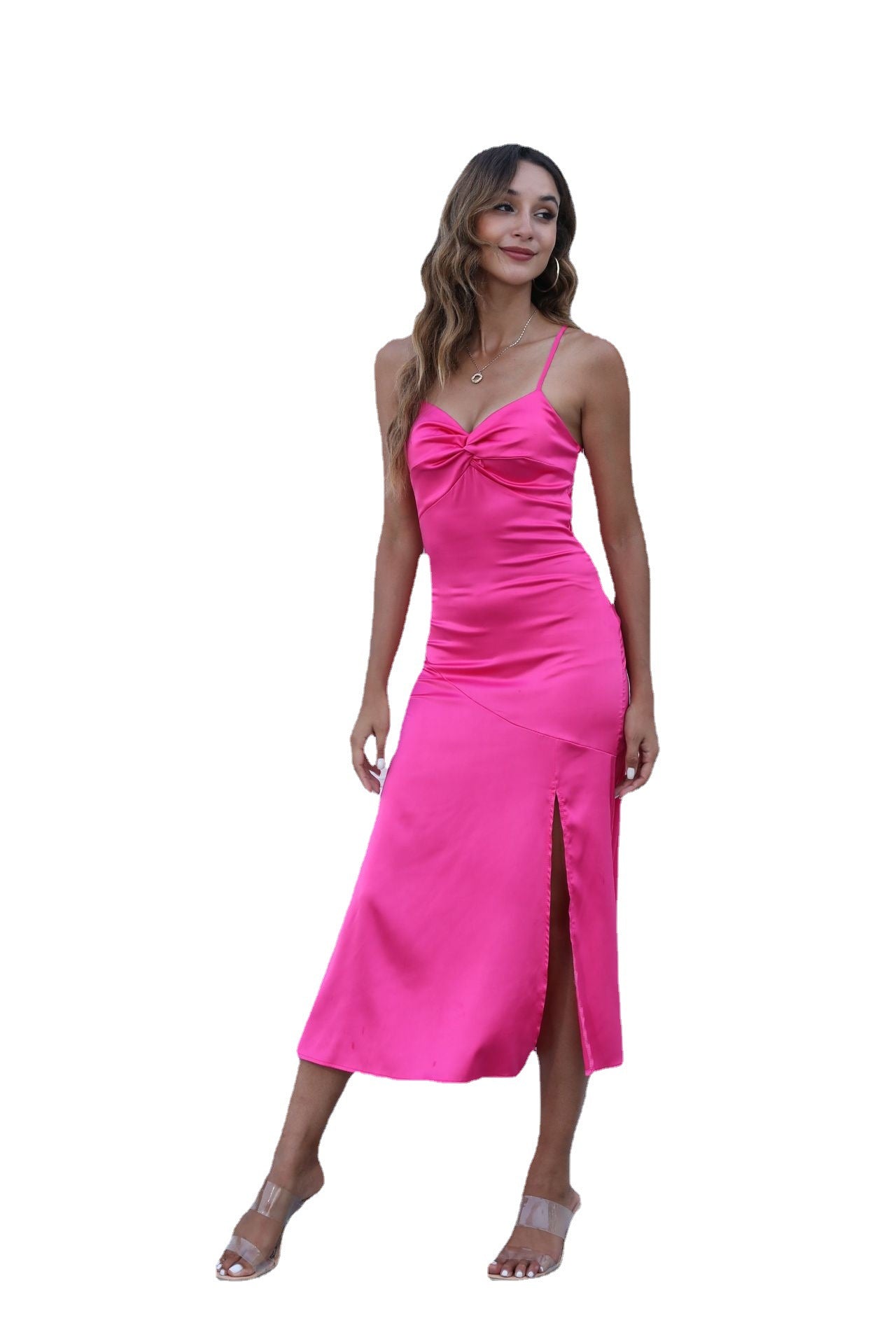 Satin Slip Midi Dress with Front Knot and Side Slit