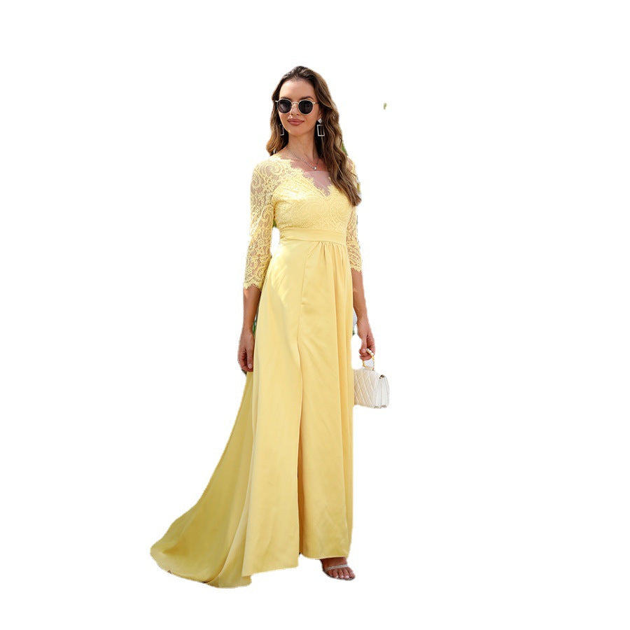 A-Line Maxi Dress with Lace V-Neck Bodice and High Slit