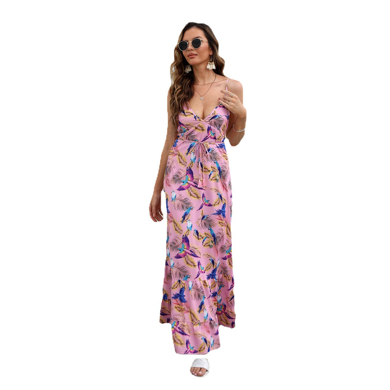 Tropical Print Maxi Dress with V-Neck and Open Back