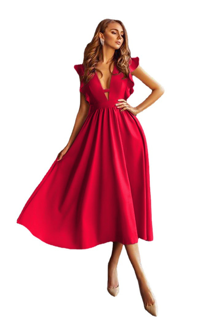 A-Line Midi Dress with V-Neck and Ruffle Sleeves