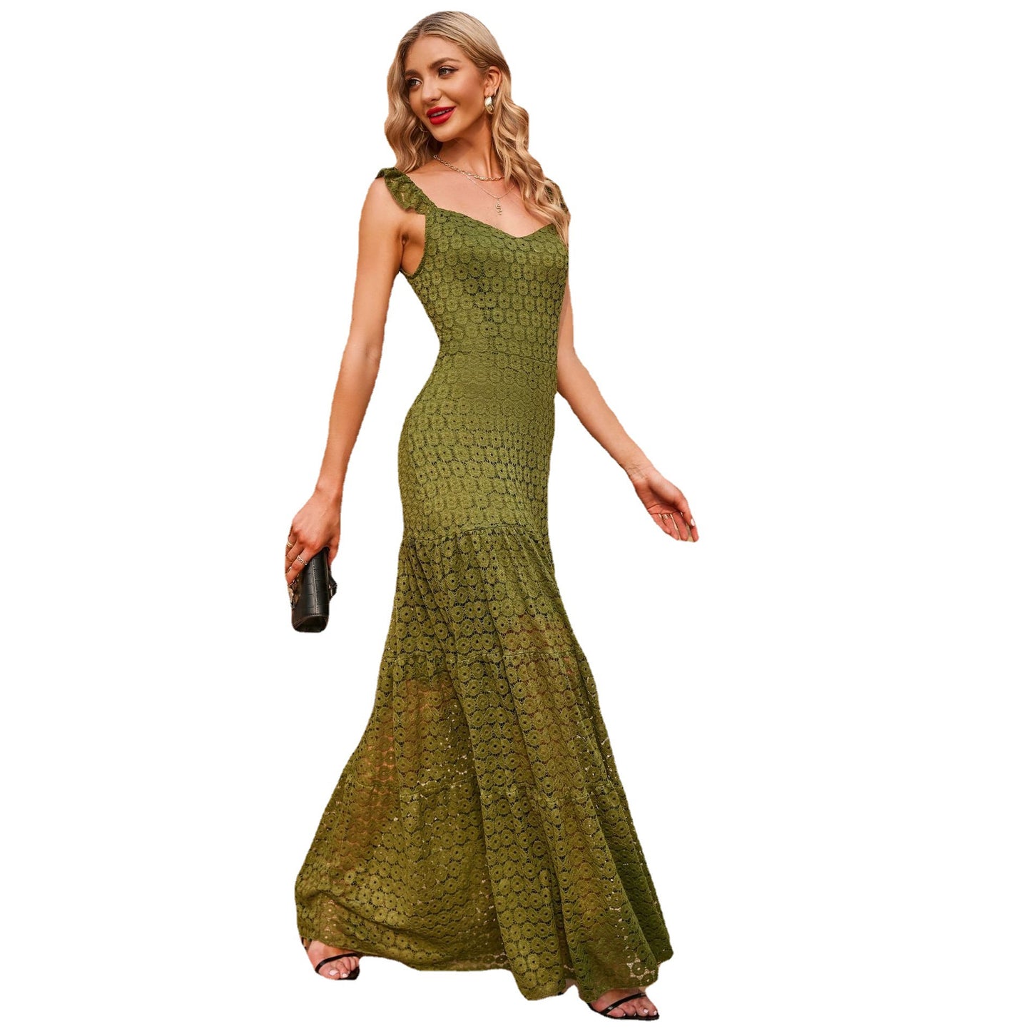Lace Slim-Fit Maxi Dress with V-Neck and High Waist