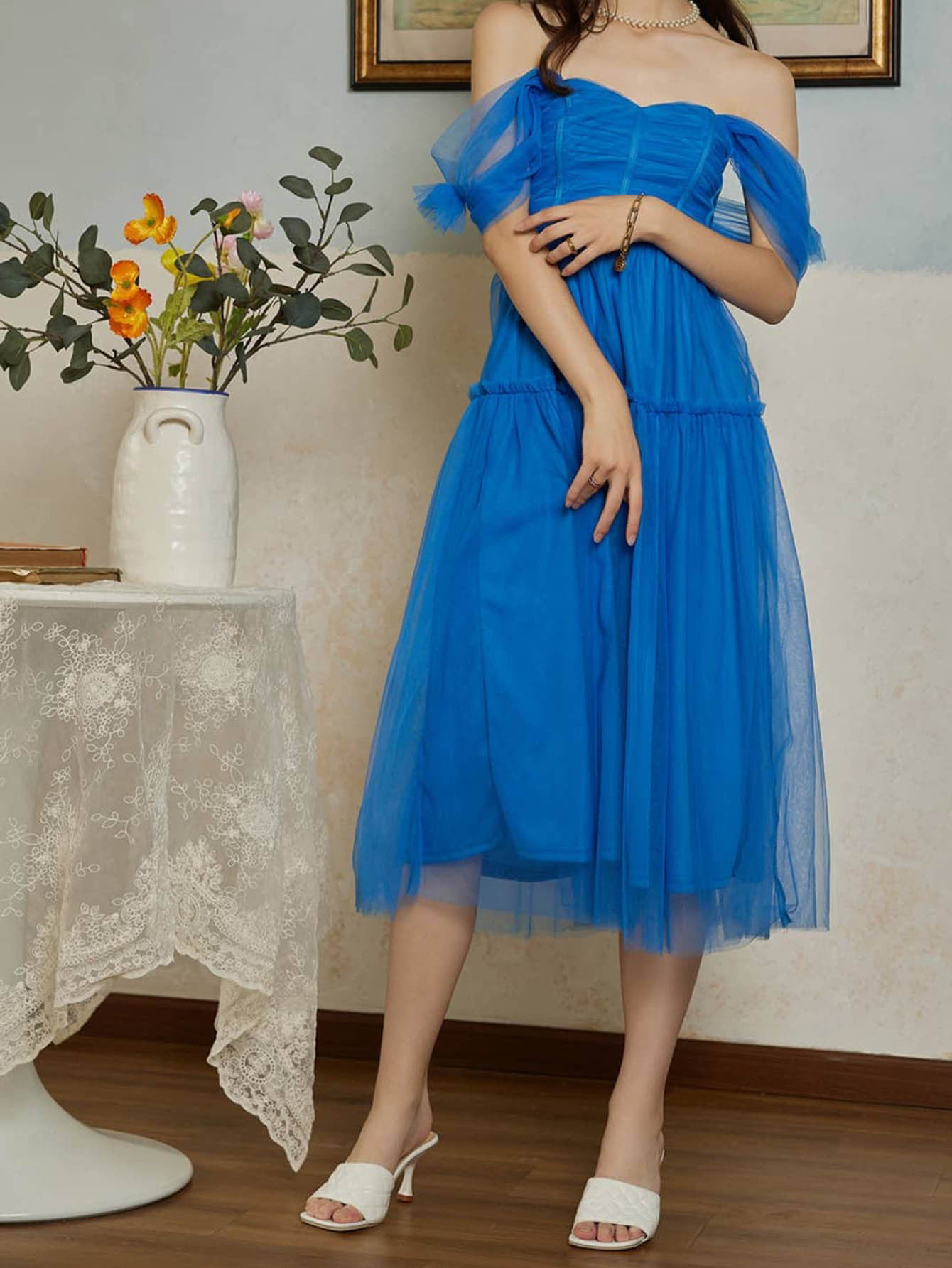 Mesh Off-Shoulder Midi Dress with Tutu Skirt