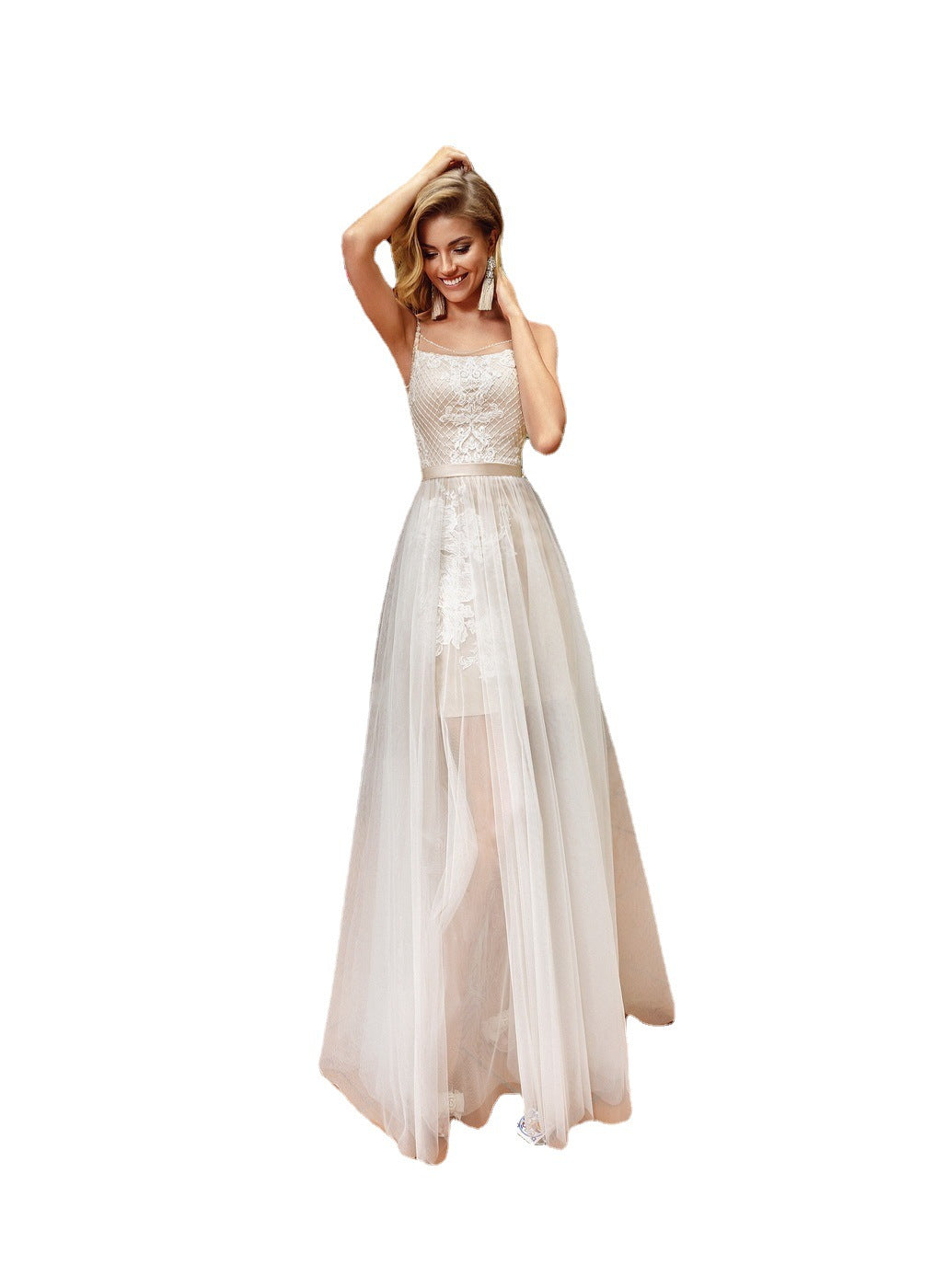 Spaghetti Strap Maxi Dress with Lace Bodice and Tulle Overlay