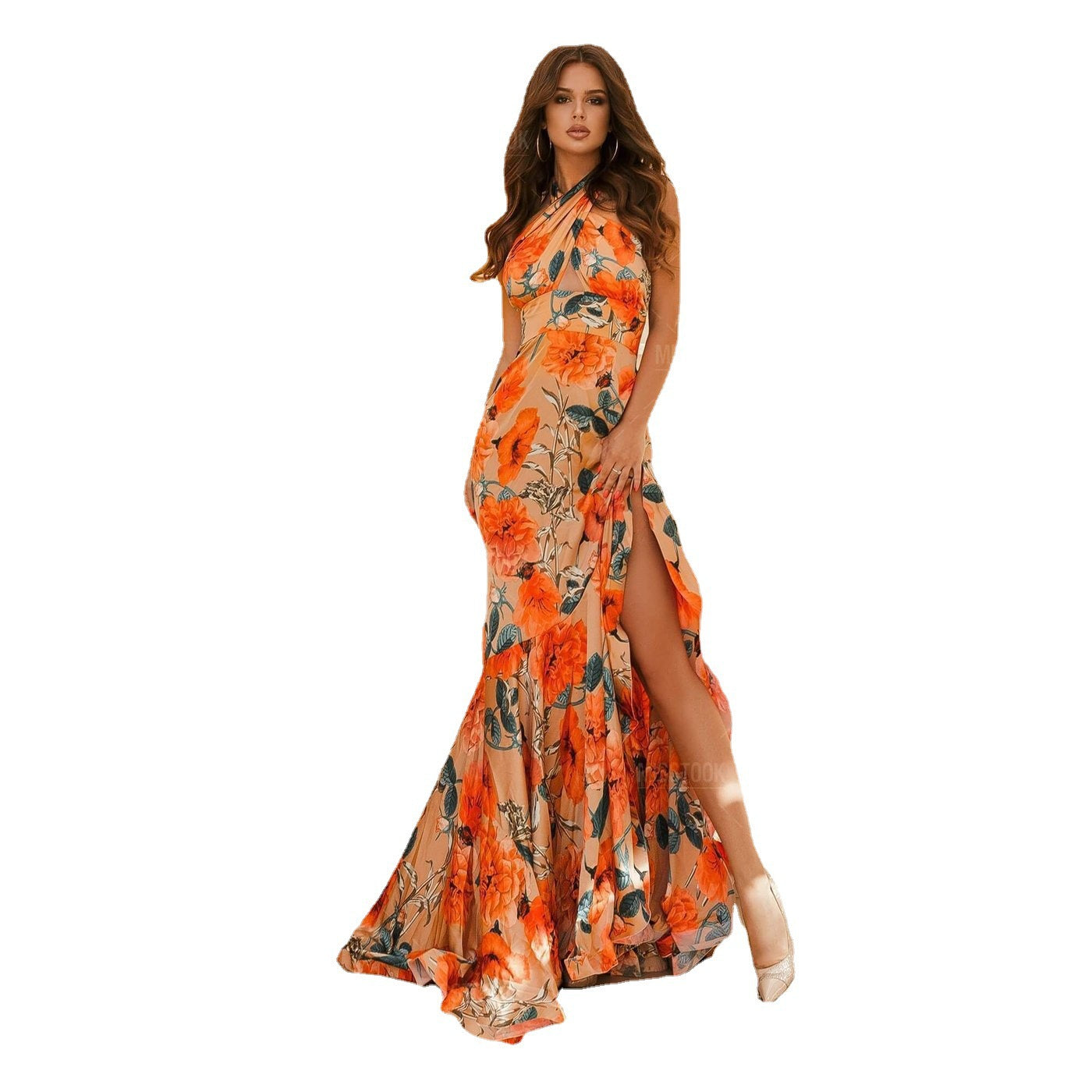Floral Print Maxi Dress with Halter Neck and High Slit