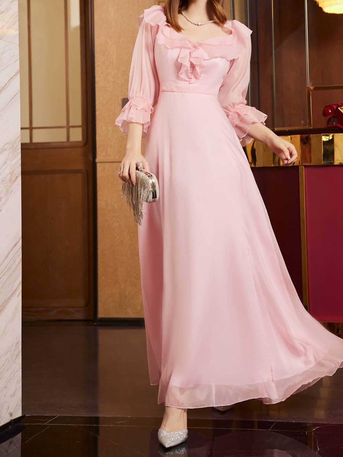 A-Line Maxi Dress with Ruffled Bodice, Sheer Sleeves, and Slit