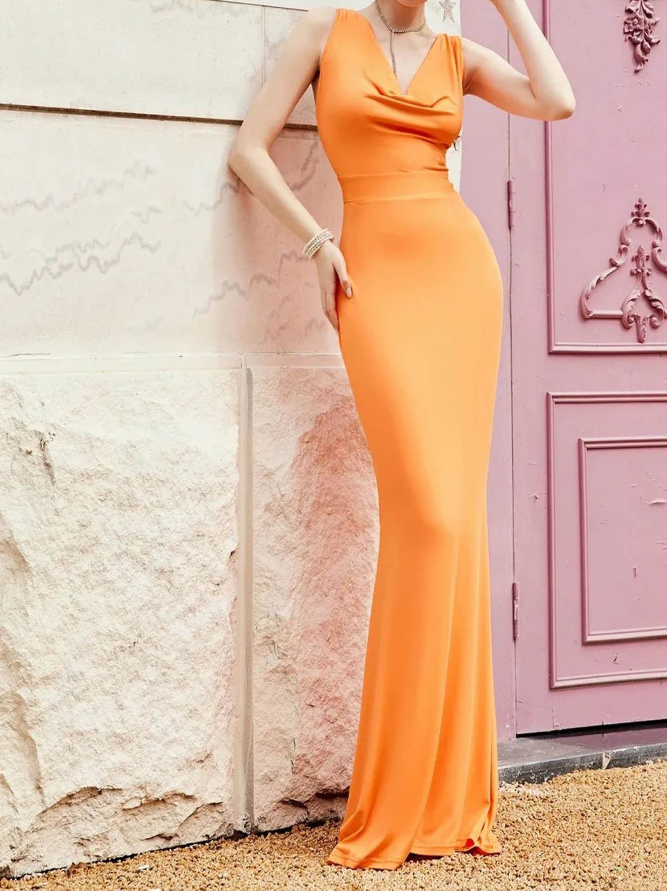 Bodycon Maxi Dress with Cowl Neck and High Elasticity