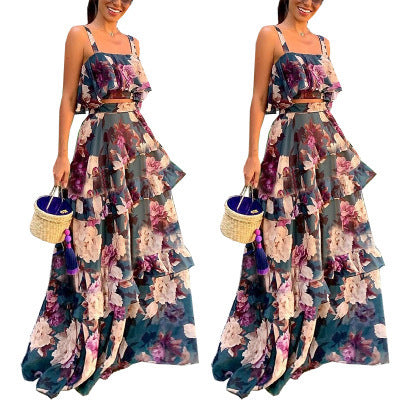 Floral Chiffon Two-Piece Set with Ruffle Crop Top & Tiered Maxi Skirt