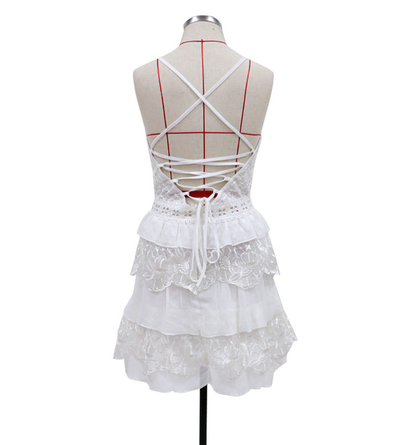 Ruffled Mini Dress with Lace Bodice and Criss-Cross Back